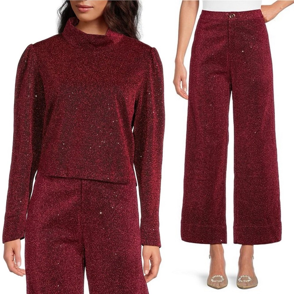 NWT BURU Sparkle Turtleneck Long Sleeve Top and Culotte Woven Metallic Pants XS